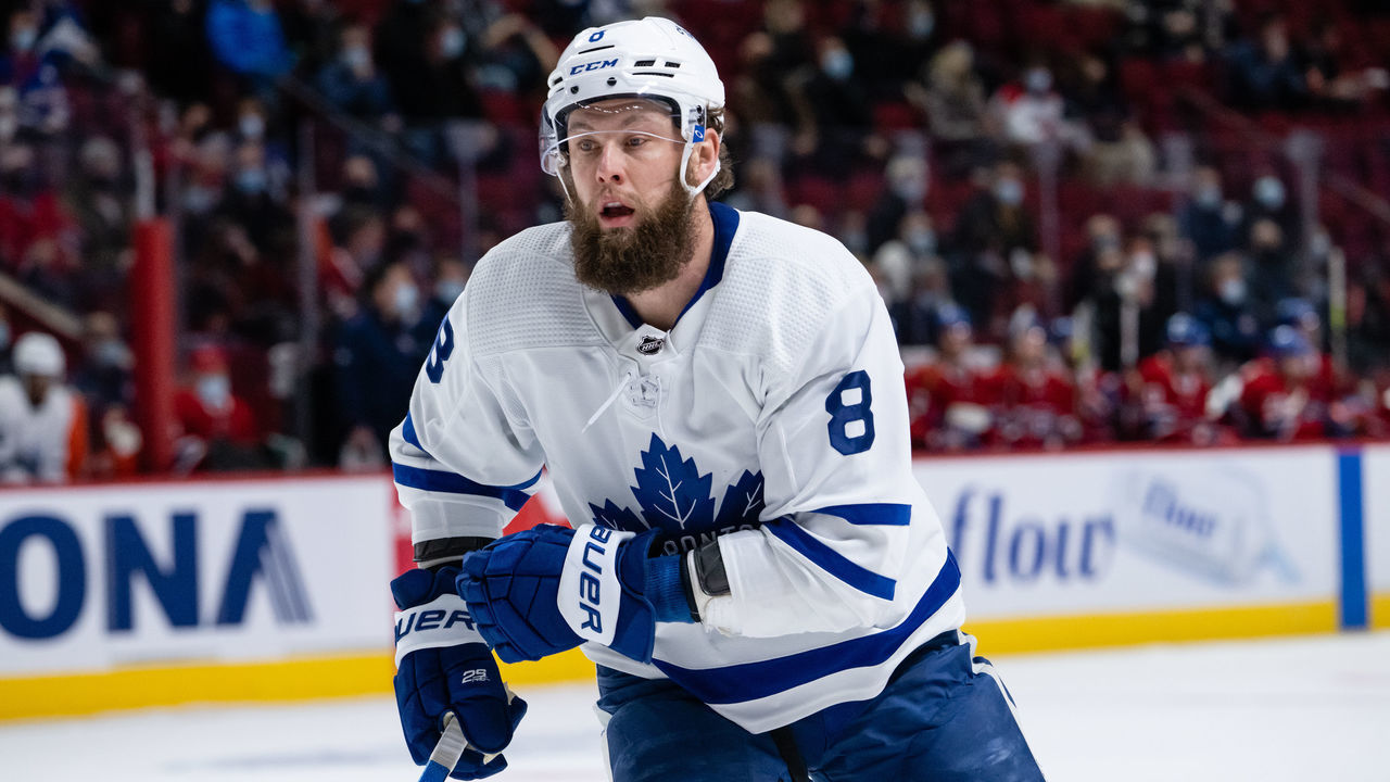 MONTREAL, QC - FEBRUARY 21: Jake Muzzin (8) of the Toronto Maple Leafs looks on during the first period of the NHL game between the Toronto Maple Leafs and the Montreal Canadiens on February 21, 2022, at the Bell Centre in Montreal, QC
