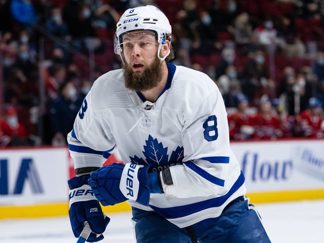 MONTREAL, QC - FEBRUARY 21: Jake Muzzin (8) of the Toronto Maple Leafs looks on during the first period of the NHL game between the Toronto Maple Leafs and the Montreal Canadiens on February 21, 2022, at the Bell Centre in Montreal, QC