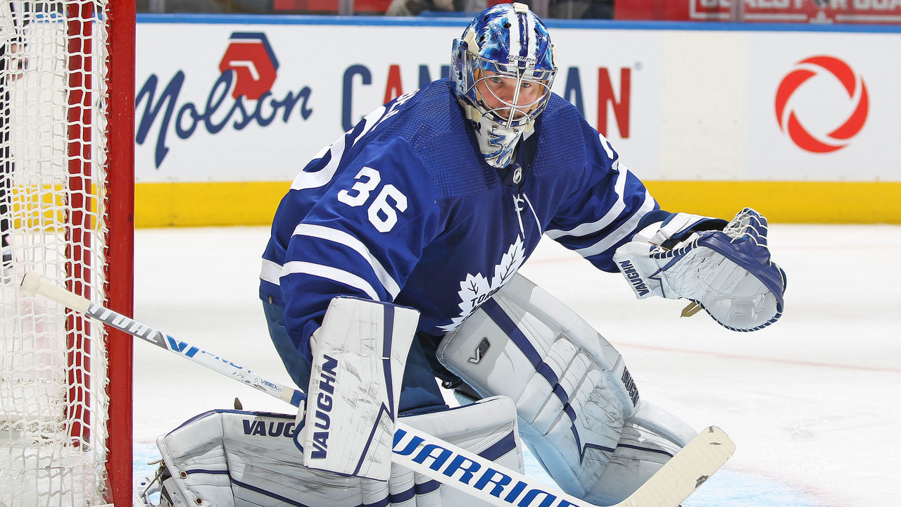 TORONTO, ON - MARCH 8: Jack Campbell #36 of the Toronto Maple Leafs keeps an eye on the puck against the Seattle Kraken during an NHL game at Scotiabank Arena on March 8, 2022 in Toronto, Ontario, Canada. The Maple Leafs defeated the Kraken 6-4.