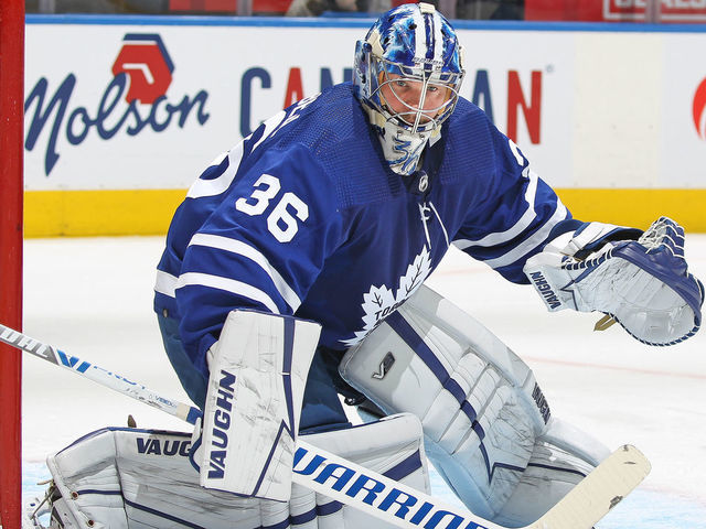 TORONTO, ON - MARCH 8: Jack Campbell #36 of the Toronto Maple Leafs keeps an eye on the puck against the Seattle Kraken during an NHL game at Scotiabank Arena on March 8, 2022 in Toronto, Ontario, Canada. The Maple Leafs defeated the Kraken 6-4.