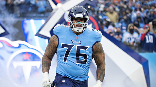 NASHVILLE, TENNESSEE - JANUARY 2: Rodger Saffold III #76 of the Tennessee Titans during introductions before a game against the Miami Dolphins at Nissan Stadium on January 2, 2022 in Nashville, Tennessee. The Titans defeated the Dolphins 34-3.