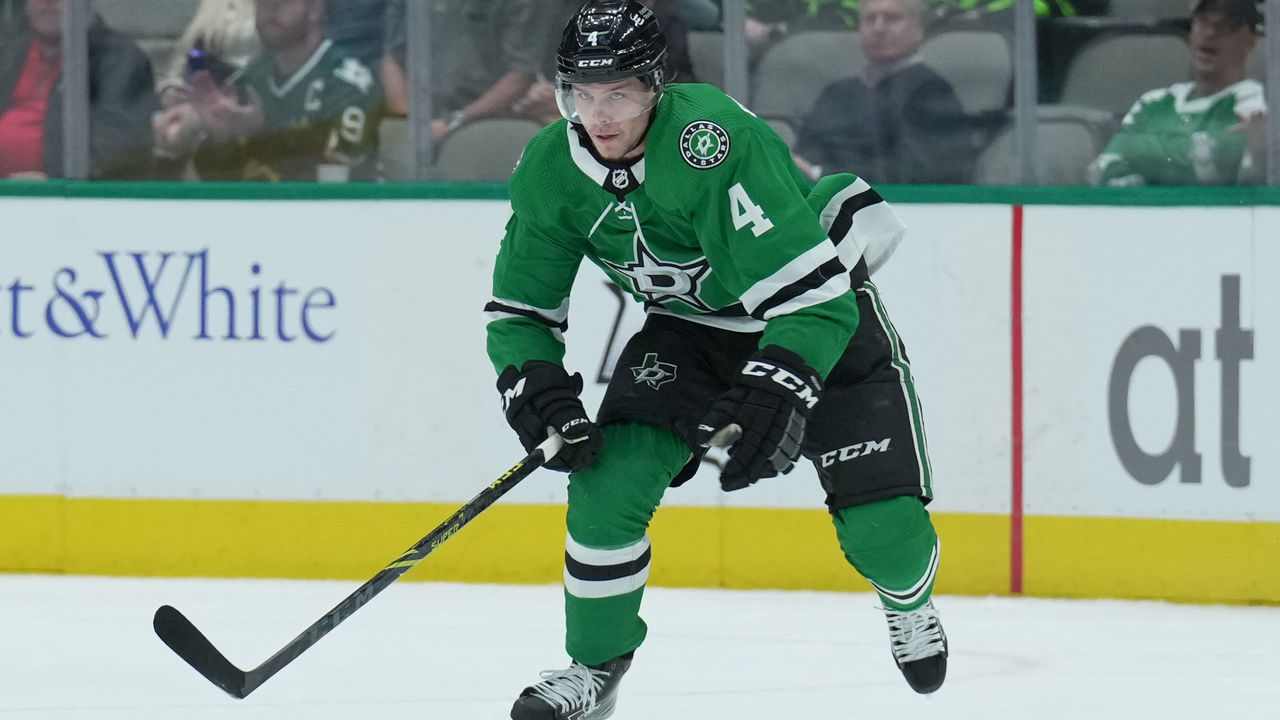 DALLAS, TX - FEBRUARY 9: Miro Heiskanen #4 of the Dallas Stars handles the puck against the Nashville Predators at the American Airlines Center on February 9, 2022 in Dallas, Texas.