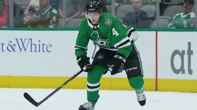 DALLAS, TX - FEBRUARY 9: Miro Heiskanen #4 of the Dallas Stars handles the puck against the Nashville Predators at the American Airlines Center on February 9, 2022 in Dallas, Texas.