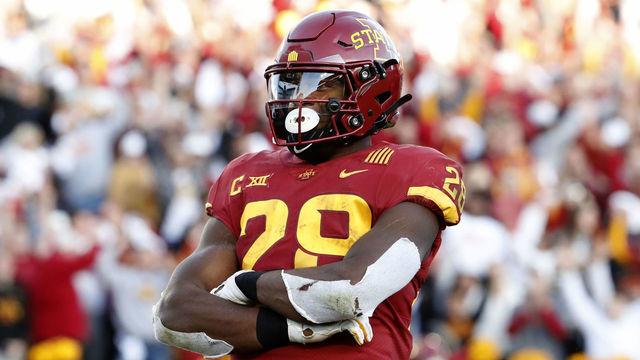 AMES, IA - OCTOBER 23: Running back Breece Hall #28 of the Iowa State Cyclones celebrates after driving in a touchdown in the second half of play at Jack Trice Stadium on October 23, 2021 in Ames, Iowa. The Iowa State Cyclones Womacks 24-21 over the Oklahoma State Cowboys.