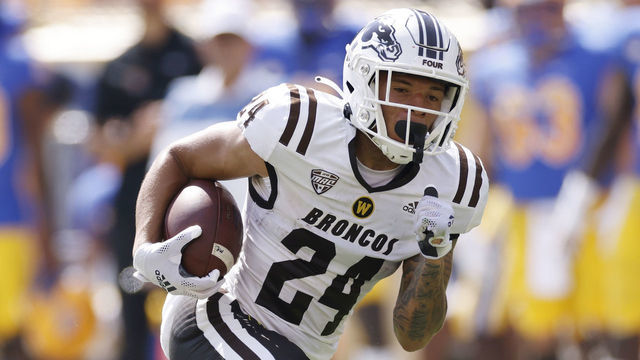 PITTSBURGH, PA - SEPTEMBER 18: Western Michigan Broncos wide receiver Skyy Moore (24) runs the ball into the end zone for a 30-yard touchdown after a reception against the Pittsburgh Panthers during a college football game on Sept. 18, 2021 at Heinz Field in Pittsburgh, Pennsylvania.