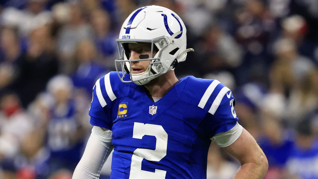 INDIANAPOLIS, INDIANA - DECEMBER 18: Carson Wentz #2 of the Indianapolis Colts on the field in the game against the New England Patriots at Lucas Oil Stadium on December 18, 2021 in Indianapolis, Indiana.