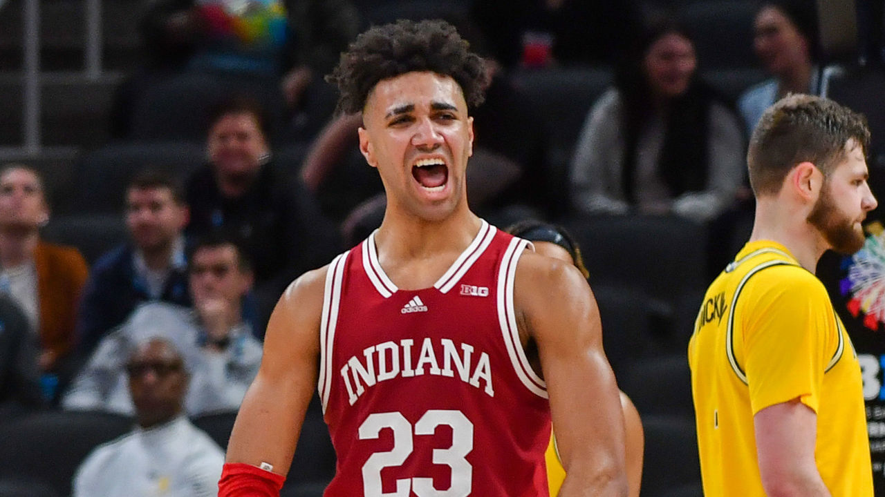 INDIANAPOLIS, INDIANA - MARCH 10: Trayce Jackson-Davis #23 of the Indiana Hoosiers reacts after a play during the second half of a Men's Big Ten Tournament second round game against the Michigan Wolverines at Gainbridge Fieldhouse on March 10, 2022 in Indianapolis, Indiana. The Indiana Hoosiers won the game 74-69 over the Michigan Wolverines.