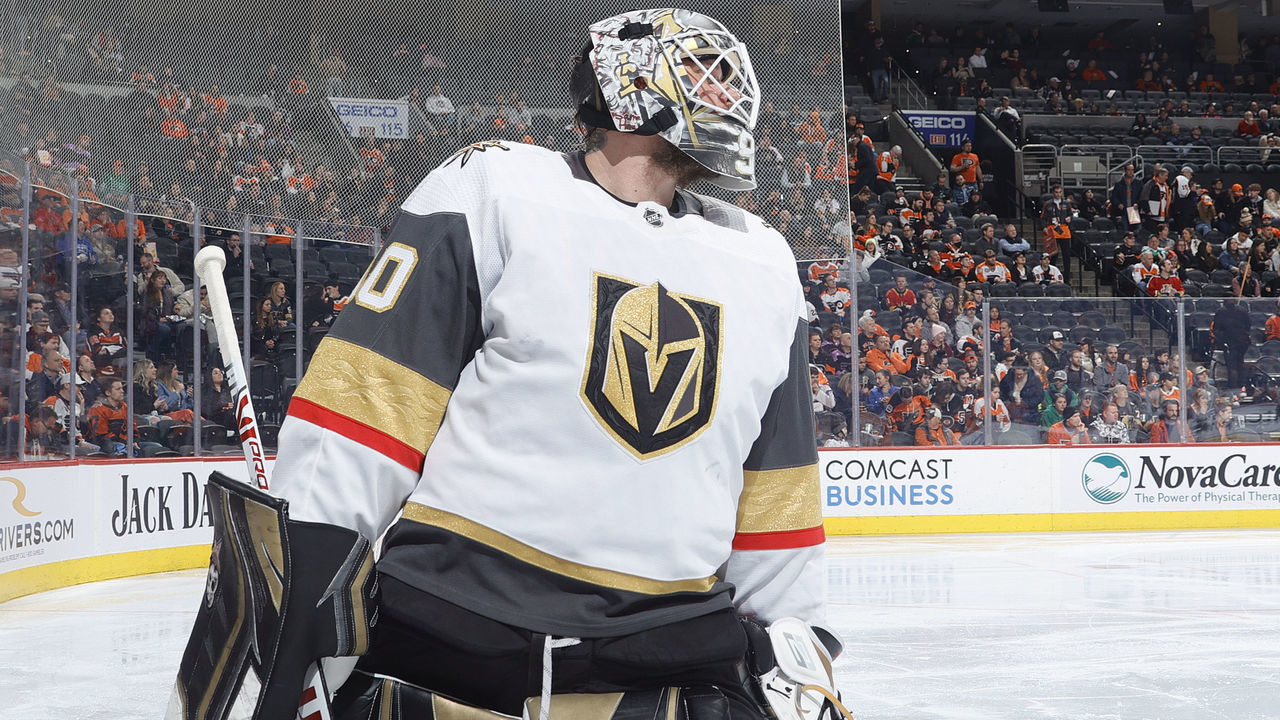 PHILADELPHIA, PENNSYLVANIA - MARCH 08: Robin Lehner #90 of the Vegas Golden Knights looks on during the second period against the Philadelphia Flyers at Wells Fargo Center on March 08, 2022 in Philadelphia, Pennsylvania.