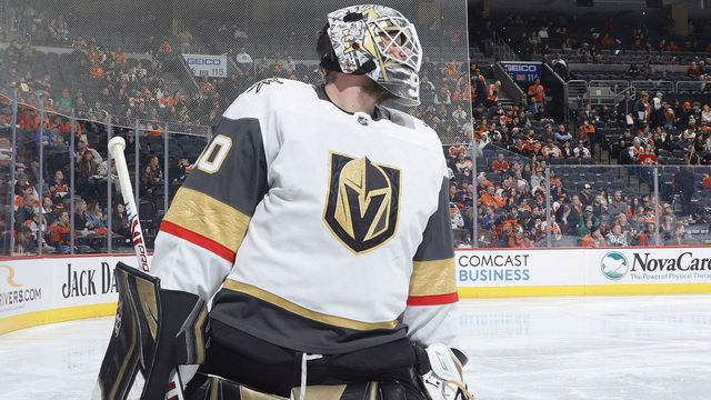 PHILADELPHIA, PENNSYLVANIA - MARCH 08: Robin Lehner #90 of the Vegas Golden Knights looks on during the second period against the Philadelphia Flyers at Wells Fargo Center on March 08, 2022 in Philadelphia, Pennsylvania.