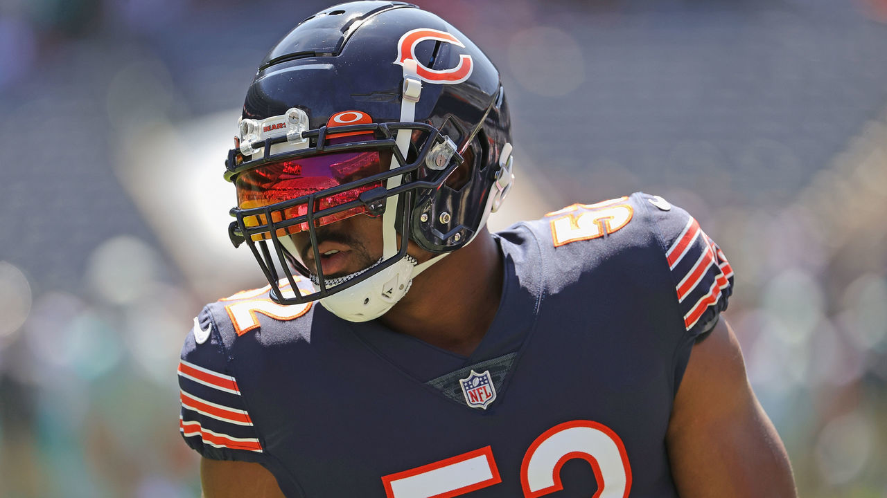 CHICAGO, ILLINOIS - AUGUST 14: Khalil Mack #52 of the Chicago Bears participates in warm-ups before a preseason game against the Miami Dolphins at Soldier Field on August 14, 2021 in Chicago, Illinois. The Bears defeated the Dolphins 20-13.