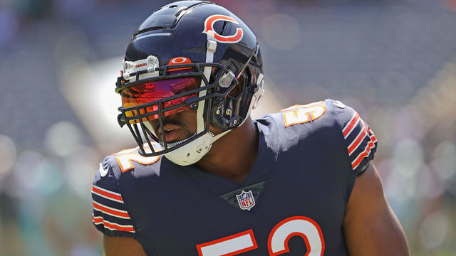CHICAGO, ILLINOIS - AUGUST 14: Khalil Mack #52 of the Chicago Bears participates in warm-ups before a preseason game against the Miami Dolphins at Soldier Field on August 14, 2021 in Chicago, Illinois. The Bears defeated the Dolphins 20-13.