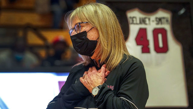 Cambridge, MA - February 12: Harvard women's basketball coach Kathy Delaney-Smith is pictured during a home game against Penn at Harvards Lavietes Pavilion as the Harvard community, fans, friends, and former players gathered to honor Harvard women's basketball coach Kathy Delaney-Smith and her storied 40 year career in Cambridge, MA on Feb 12, 2022. Delaney-Smith is in her 40th and final year and is retiring at the end of the 2021-22 season.