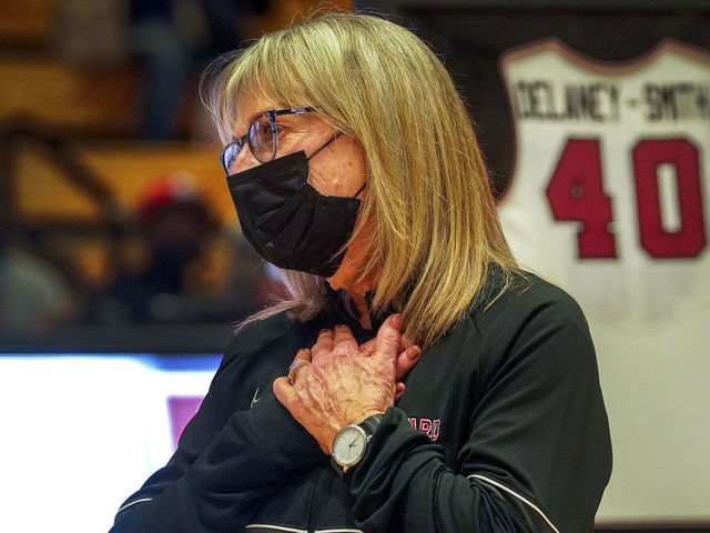 Cambridge, MA - February 12: Harvard women's basketball coach Kathy Delaney-Smith is pictured during a home game against Penn at Harvards Lavietes Pavilion as the Harvard community, fans, friends, and former players gathered to honor Harvard women's basketball coach Kathy Delaney-Smith and her storied 40 year career in Cambridge, MA on Feb 12, 2022. Delaney-Smith is in her 40th and final year and is retiring at the end of the 2021-22 season.
