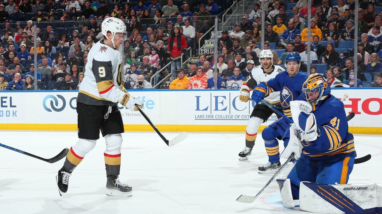 BUFFALO, NY - MARCH 10: Craig Anderson #41 of the Buffalo Sabres makes a save against Jack Eichel #9 of the Vegas Golden Knights during an NHL game on March 10, 2022 at KeyBank Center in Buffalo, New York.