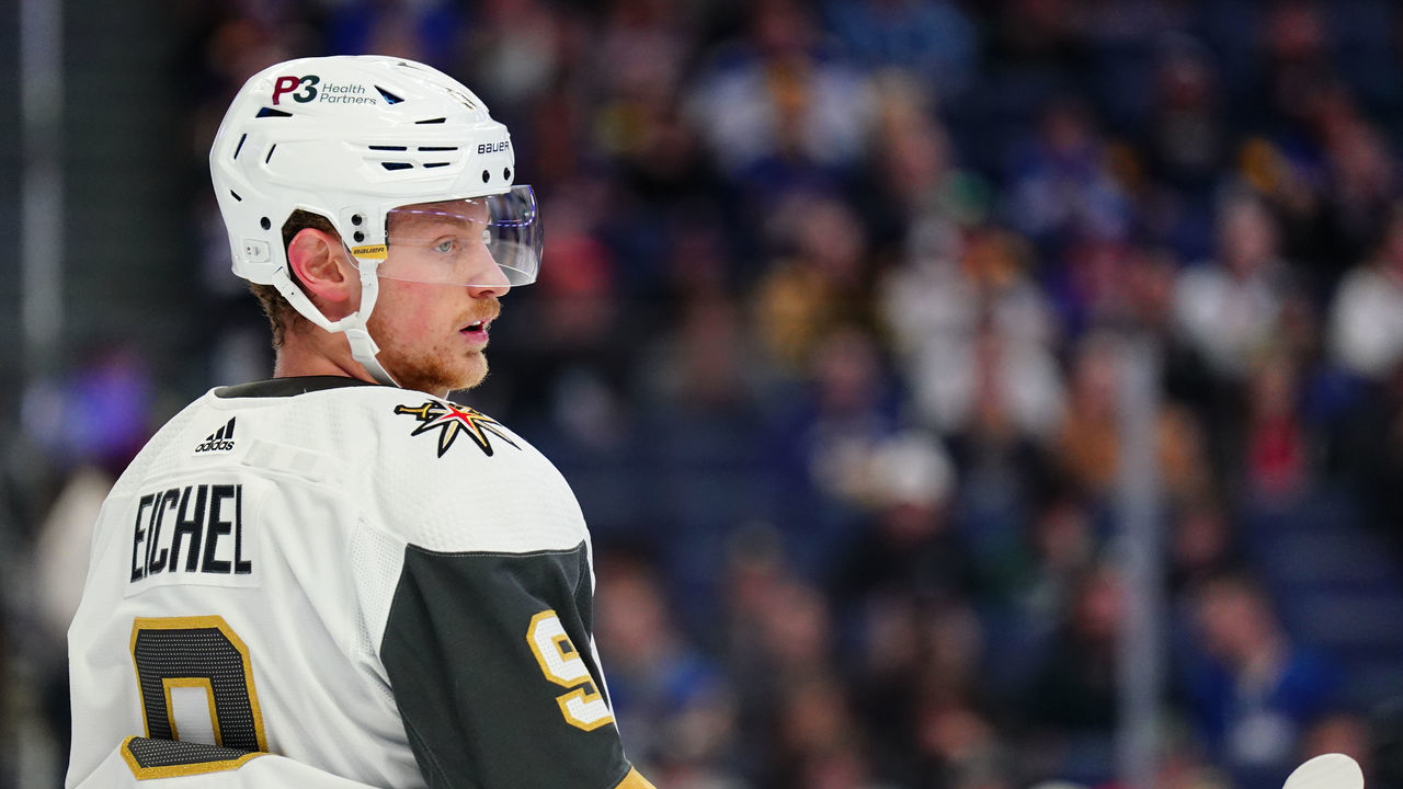 BUFFALO, NY - MARCH 10: Jack Eichel #9 of the Vegas Golden Knights gets set for the face-off against the Buffalo Sabres during an NHL game on March 10, 2022 at KeyBank Center in Buffalo, New York.
