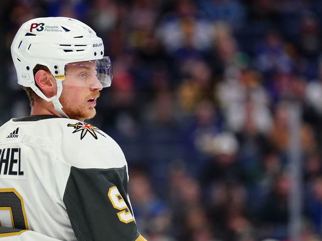 BUFFALO, NY - MARCH 10: Jack Eichel #9 of the Vegas Golden Knights gets set for the face-off against the Buffalo Sabres during an NHL game on March 10, 2022 at KeyBank Center in Buffalo, New York.