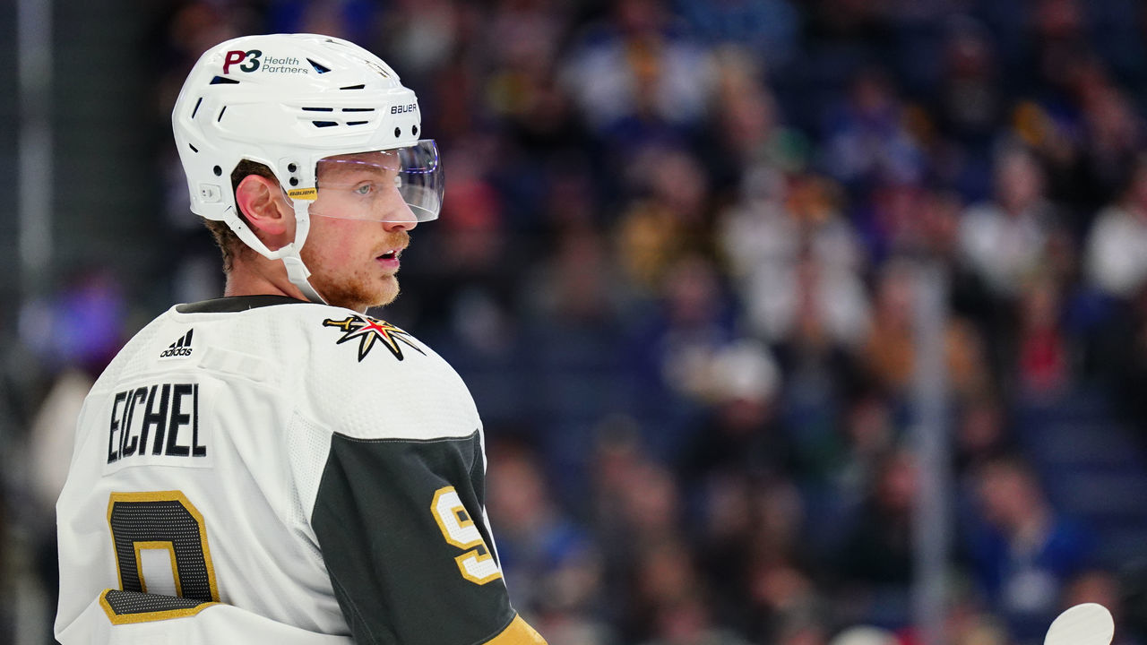 BUFFALO, NY - MARCH 10: Jack Eichel #9 of the Vegas Golden Knights gets set for the face-off against the Buffalo Sabres during an NHL game on March 10, 2022 at KeyBank Center in Buffalo, New York.
