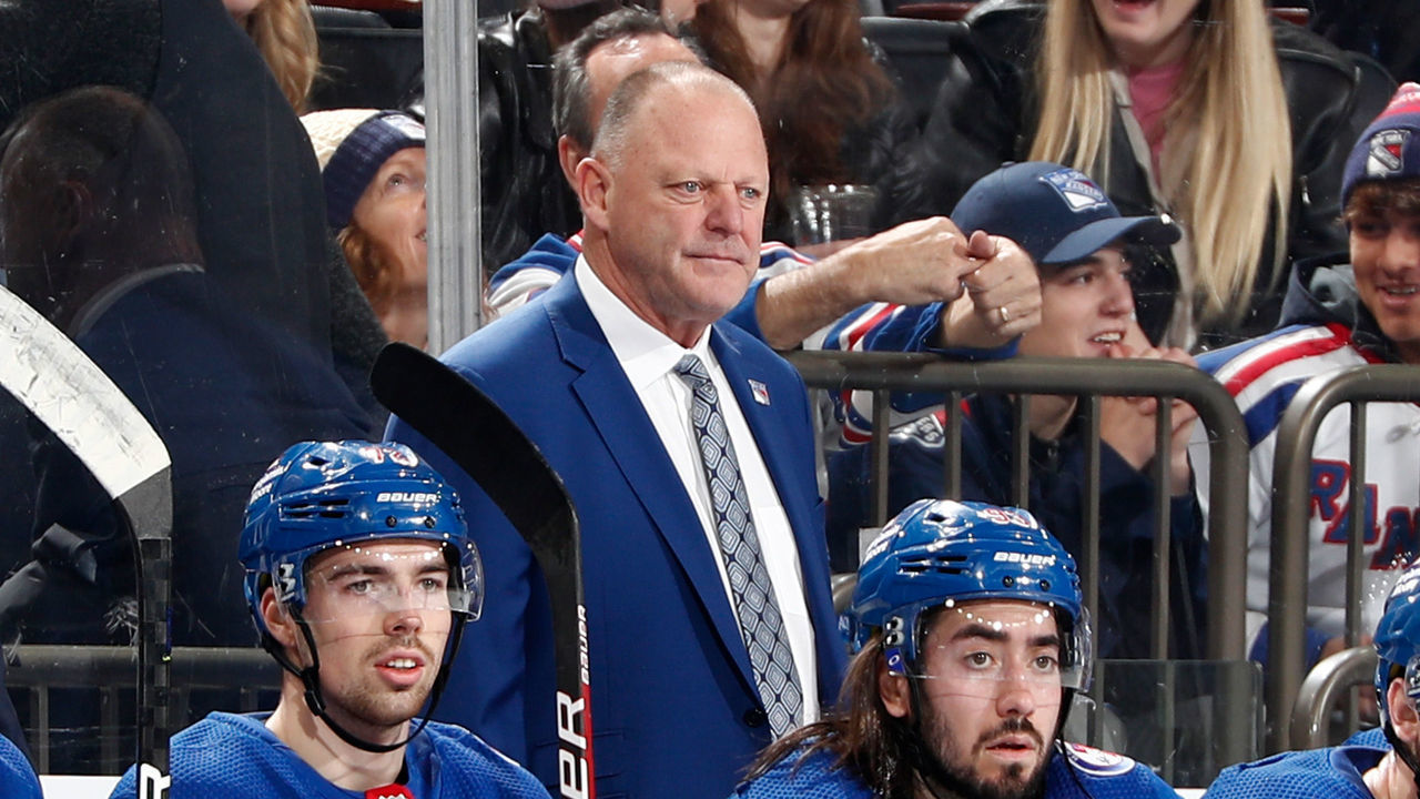NEW YORK, NY - DECEMBER 04: Head coach Gerard Gallant of the New York Rangers looks on from the bench against the Chicago Blackhawks at Madison Square Garden on December 4, 2021 in New York City.