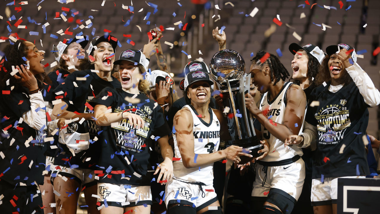 FORT WORTH, TX - MARCH 10: Diamond Battles #3 of the UCF Knights celebrates with her teammates following the American Athletic Conference Womens Basketball Championship game at Dickies Arena on March 10, 2022 in Fort Worth, Texas. UCF defeated the South Florida Bulls 53-45.