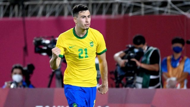 Brazil's forward Gabriel Martinelli celebrates after scoring a penalty during the Tokyo 2020 Olympic Games men's semi-final football match between Mexico and Brazil at Ibaraki Kashima Stadium in Kashima city, Ibaraki prefecture on August 3, 2021.