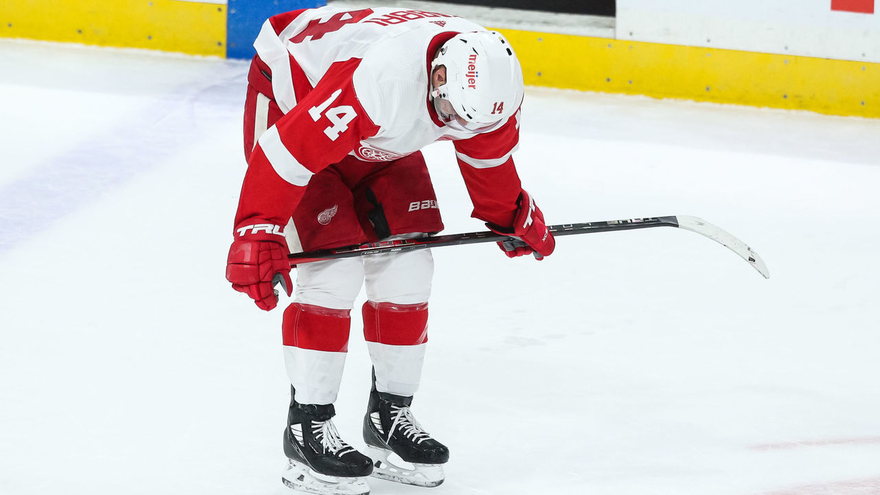 ST PAUL, MN - FEBRUARY 14: Robby Fabbri #14 of the Detroit Red Wings reacts after Kirill Kaprizov #97 of the Minnesota Wild (not pictured) scored an empty net goal in the third period of the game at Xcel Energy Center on February 14, 2022 in St Paul, Minnesota. The Wild defeated the Red Wings 7-4.