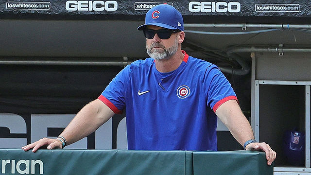 CHICAGO, ILLINOIS - AUGUST 29: Manager David Ross #3 of the Chicago Cubs watches as his team takes on the Chicago White Sox at Guaranteed Rate Field on August 29, 2021 in Chicago, Illinois. The White Sox defeated the Cubs 13-1.