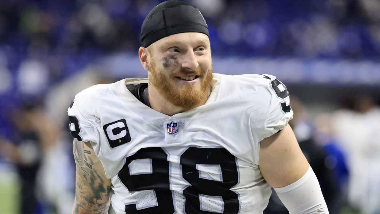 INDIANAPOLIS, INDIANA - JANUARY 02: Maxx Crosby #98 of the Las Vegas Raiders walks off the field after a win over the Indianapolis Colts at Lucas Oil Stadium on January 02, 2022 in Indianapolis, Indiana.