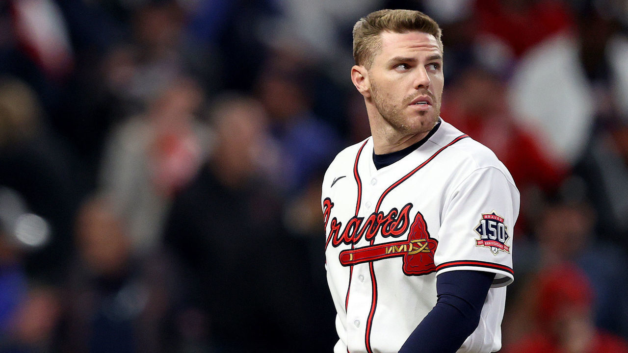 ATLANTA, GEORGIA - OCTOBER 30: Freddie Freeman #5 of the Atlanta Braves reacts following the sixth inning against the Houston Astros in Game Four of the World Series at Truist Park on October 30, 2021 in Atlanta, Georgia.