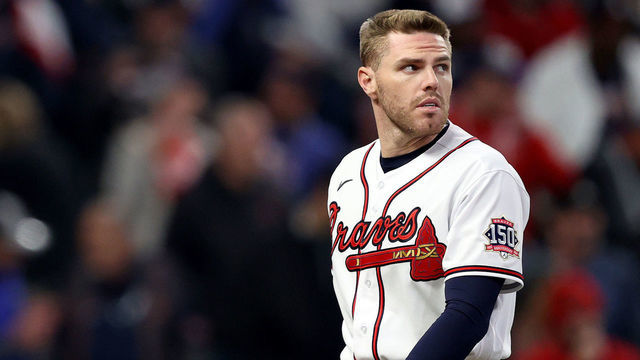 ATLANTA, GEORGIA - OCTOBER 30: Freddie Freeman #5 of the Atlanta Braves reacts following the sixth inning against the Houston Astros in Game Four of the World Series at Truist Park on October 30, 2021 in Atlanta, Georgia.