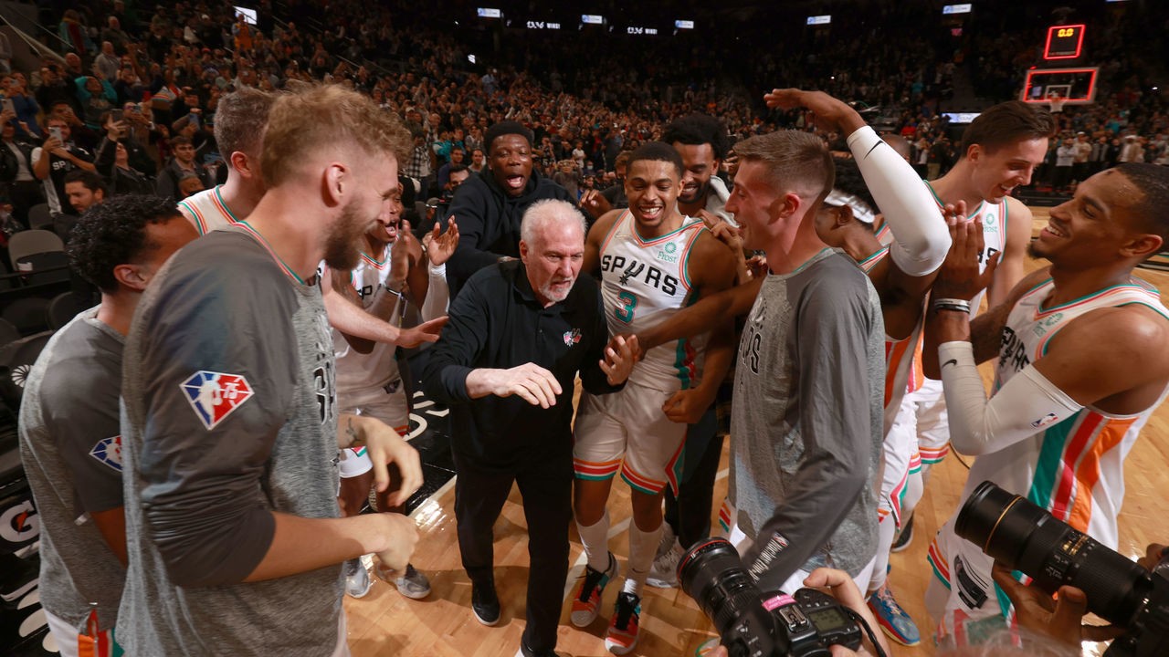 SAN ANTONIO, TX - MARCH 11: Head Coach Gregg Popovich of the San Antonio Spurs wins the 1,336th game to become the winningest coach in NBA history on March 11, 2022 at the AT&T Center in San Antonio, Texas. Mandatory Copyright Notice: Copyright 2022 NBAE (Photos by Nathaniel S. Butler/NBAE via Getty Images)