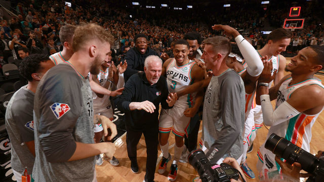 SAN ANTONIO, TX - MARCH 11: Head Coach Gregg Popovich of the San Antonio Spurs wins the 1,336th game to become the winningest coach in NBA history on March 11, 2022 at the AT&T Center in San Antonio, Texas. Mandatory Copyright Notice: Copyright 2022 NBAE (Photos by Nathaniel S. Butler/NBAE via Getty Images)