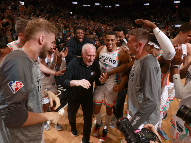 SAN ANTONIO, TX - MARCH 11: Head Coach Gregg Popovich of the San Antonio Spurs wins the 1,336th game to become the winningest coach in NBA history on March 11, 2022 at the AT&T Center in San Antonio, Texas. Mandatory Copyright Notice: Copyright 2022 NBAE (Photos by Nathaniel S. Butler/NBAE via Getty Images)
