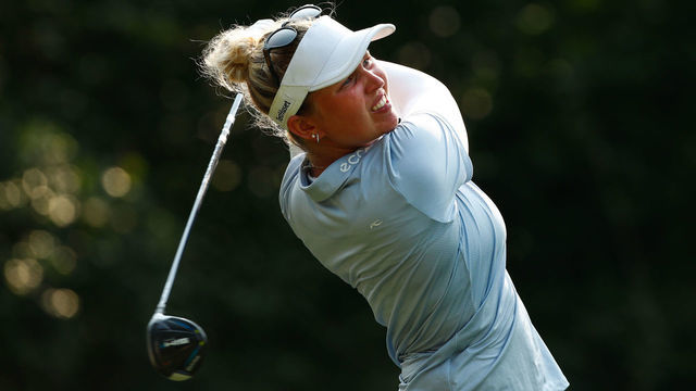 PATTAYA, THAILAND - MARCH 12: Nanna Koerstz Madsen of Denmark tees off on the 17th hole during the third round of Honda LPGA Thailand at Siam Country Club Pattaya Old Course on March 12, 2022 in Pattaya, Thailand.
