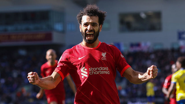 BRIGHTON, ENGLAND - MARCH 12: 12 March 2022, Brighton - Premier League Football - Brighton & Hove Albion v Liverpool - Mohamed Salah of Liverpool celebrates scoring their 2nd goal from the penalty spot - Photo: Charlotte Wilson / Offside. during the Premier League match between Brighton & Hove Albion and Liverpool at American Express Community Stadium on March 12, 2022 in Brighton, United Kingdom.