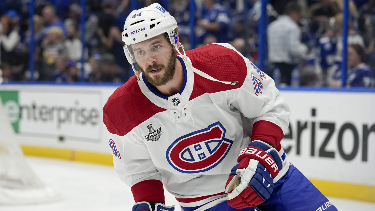 TAMPA, FL - JULY 07: Montreal Canadiens defenseman Joel Edmundson (44) skates for his warm up before game 5 of the NHL Stanley Cup Finals Hockey match between the Tampa Bay Lightning and Monteal Canadiens on July 7, 2021 at Amalie Arena in Tampa, FL.
