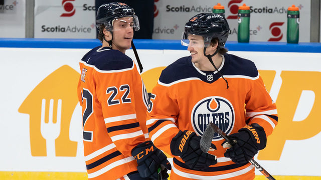 EDMONTON, AB - JANUARY 16: Tyson Barrie #22 and Josh Archibald #15 of the Edmonton Oilers skate against the Montreal Canadiens at Rogers Place on January 16, 2021 in Edmonton, Canada.