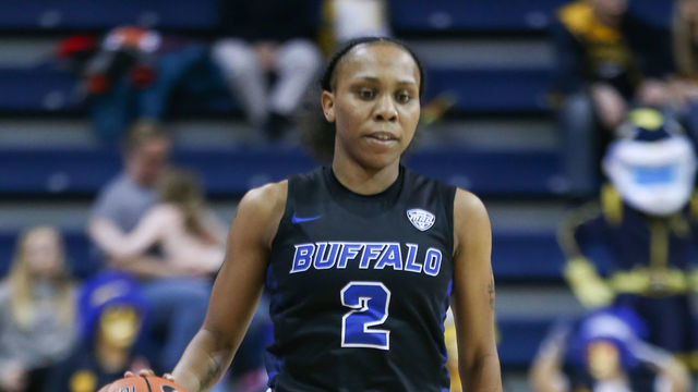 TOLEDO, OH - JANUARY 8: Buffalo Bulls guard Dyaisha Fair (2) brings the ball up the court during a regular season Mid-American Conference game between the Buffalo Bulls and the Toledo Rockets on January 8, 2020, at Savage Arena in Toledo, Ohio.