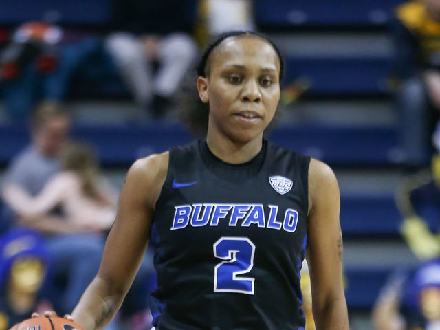 TOLEDO, OH - JANUARY 8: Buffalo Bulls guard Dyaisha Fair (2) brings the ball up the court during a regular season Mid-American Conference game between the Buffalo Bulls and the Toledo Rockets on January 8, 2020, at Savage Arena in Toledo, Ohio.