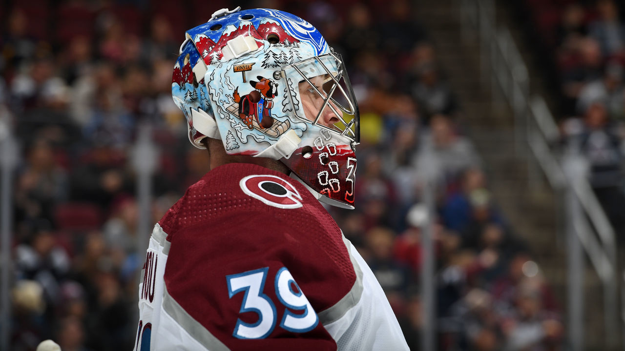 GLENDALE, ARIZONA - MARCH 03: Pavel Francouz #39 of the Colorado Avalanche looks up ice during a stop in play against the Arizona Coyotes at Gila River Arena on March 03, 2022 in Glendale, Arizona.