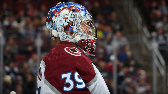 GLENDALE, ARIZONA - MARCH 03: Pavel Francouz #39 of the Colorado Avalanche looks up ice during a stop in play against the Arizona Coyotes at Gila River Arena on March 03, 2022 in Glendale, Arizona.
