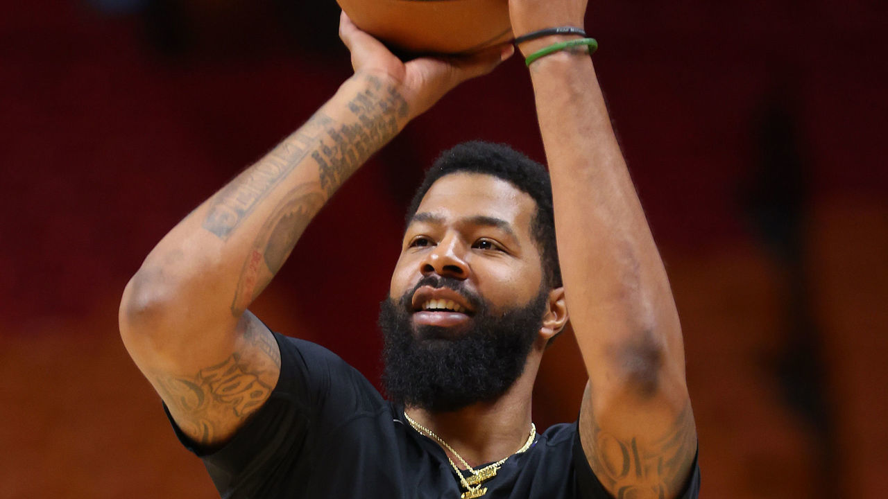 MIAMI, FLORIDA - MARCH 07: Markieff Morris #8 of the Miami Heat warms up prior to the game against the Houston Rockets at FTX Arena on March 07, 2022 in Miami, Florida.