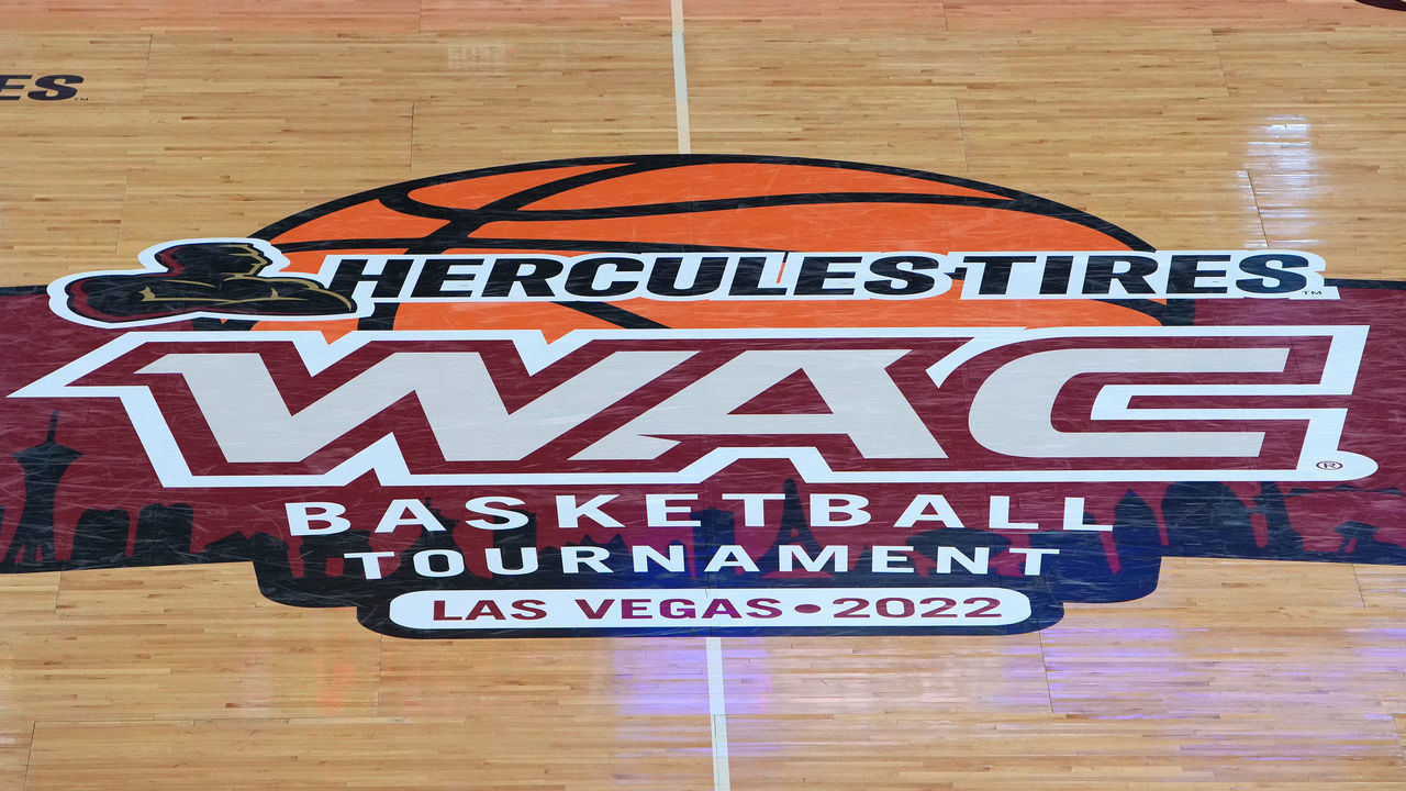 LAS VEGAS, NEVADA - MARCH 11: A Western Athletic Conference logo is shown on the court prior to a game between the New Mexico State Aggies and Grand Canyon Lopes during the semifinals of the Western Athletic Conference basketball tournament at the Orleans Arena on March 11, 2022 in Las Vegas, Nevada.