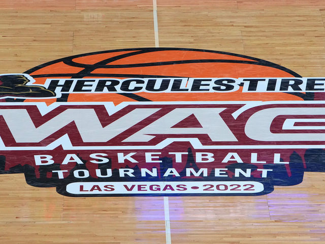 LAS VEGAS, NEVADA - MARCH 11: A Western Athletic Conference logo is shown on the court prior to a game between the New Mexico State Aggies and Grand Canyon Lopes during the semifinals of the Western Athletic Conference basketball tournament at the Orleans Arena on March 11, 2022 in Las Vegas, Nevada.