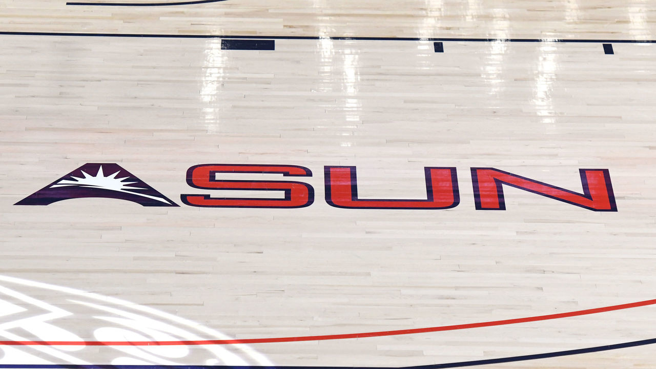 LYNCHBURG, VA - FEBRUARY 22: The Atlantic Sun conference logo on the floor before a college basketball game between the Liberty Flames and the North Alabama Lions at Vines Center on February 22, 2021 in Lynchburg, Virginia.