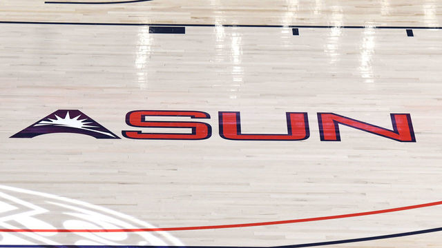 LYNCHBURG, VA - FEBRUARY 22: The Atlantic Sun conference logo on the floor before a college basketball game between the Liberty Flames and the North Alabama Lions at Vines Center on February 22, 2021 in Lynchburg, Virginia.
