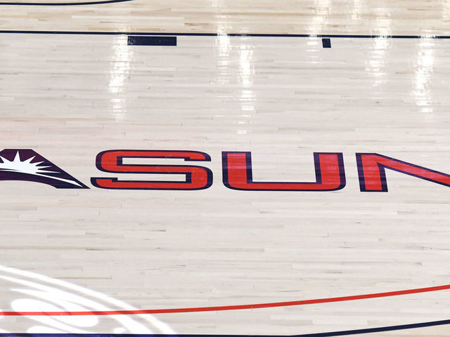 LYNCHBURG, VA - FEBRUARY 22: The Atlantic Sun conference logo on the floor before a college basketball game between the Liberty Flames and the North Alabama Lions at Vines Center on February 22, 2021 in Lynchburg, Virginia.