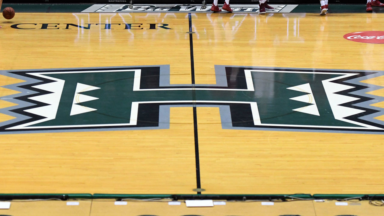 HONOLULU, HI - NOVEMBER 24: The Hawaii logo on the floor during a Rainbow Wahine Showdown women's college basketball game between the Stanford Cardinal and the American University Eagles at the Stan Sheriff Center on November 24, 2018 in Honolulu, Hawaii.