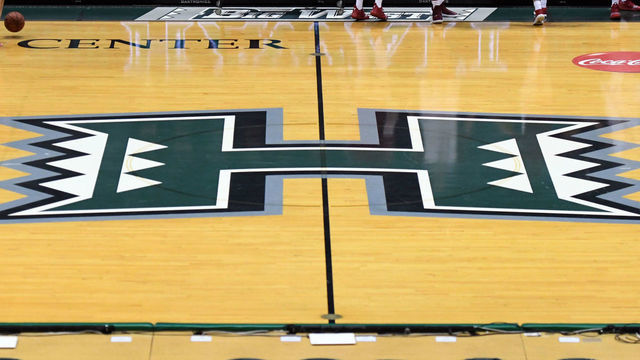 HONOLULU, HI - NOVEMBER 24: The Hawaii logo on the floor during a Rainbow Wahine Showdown women's college basketball game between the Stanford Cardinal and the American University Eagles at the Stan Sheriff Center on November 24, 2018 in Honolulu, Hawaii.