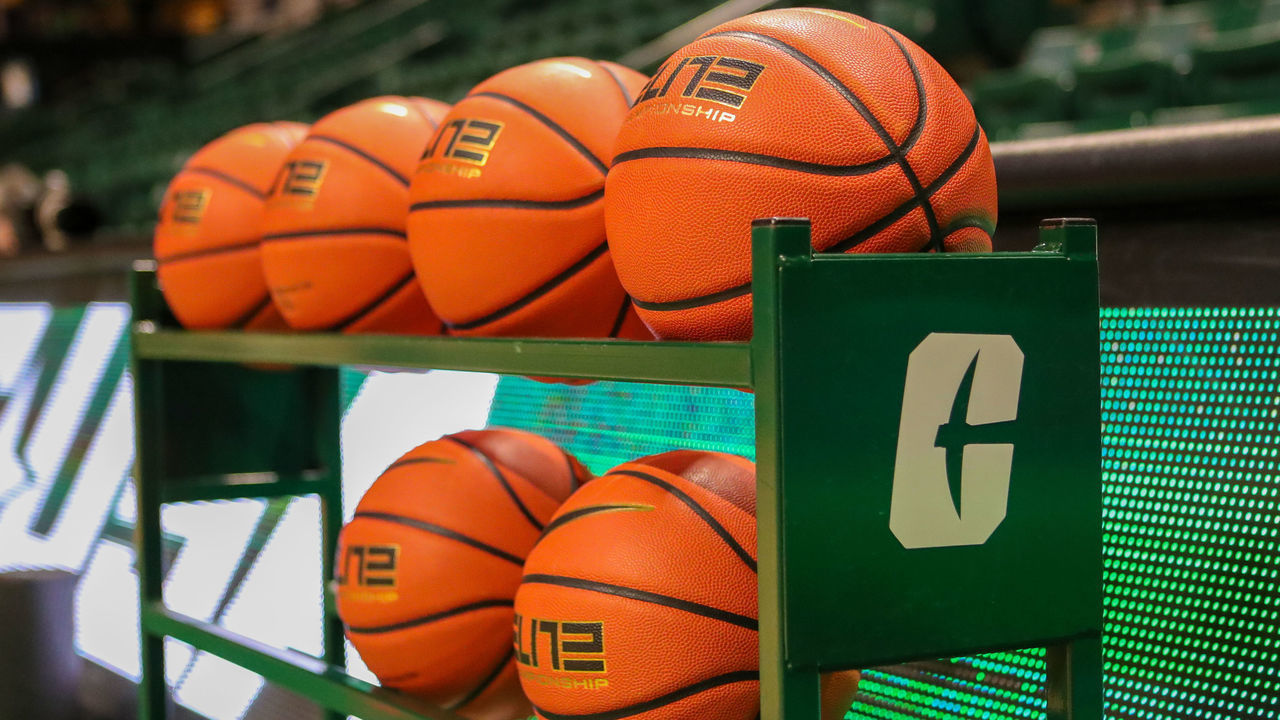 CHARLOTTE, NC - FEBRUARY 10: A Charlotte 49ers themed ball rack sits on the court during a college basketball game between the Louisiana Tech Bulldogs and the Charlotte 49ers on February 10, 2022, at Dale F. Halton Arena in Charlotte, NC.