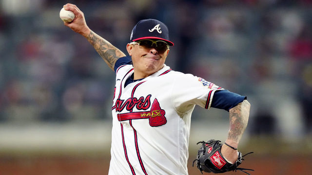 ATLANTA, GA - OCTOBER 31: Jesse Chavez #60 of the Atlanta Braves pitches during Game 5 of the 2021 World Series between the Houston Astros and the Atlanta Braves at Truist Park on Sunday, October 31, 2021 in Atlanta, Georgia.